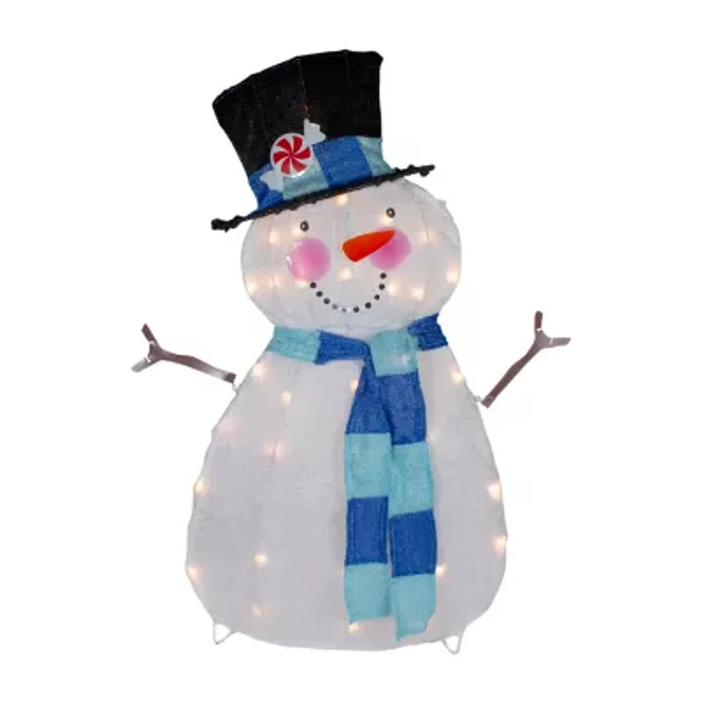 Northlight 32in Lighted White And Blue Chenille Snowman Christmas Yard Art