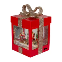 Northlight 7in Red Gift Box Christmas With Santa And Reindeer Lighted Round SnowGlobes