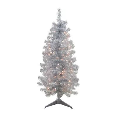 Northlight Slim Silver Artificial Tinsel Clear Lights 4 Foot Pre-Lit Christmas Tree