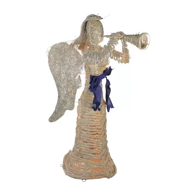 Northlight 4.25ft Lighted Silver And Beige Glitter Dusted Angel With Horn Decor Christmas Yard Art