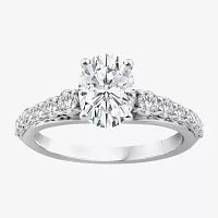 (F / Vs2) Womens 2 CT. T.W. Lab Grown White Diamond 10K White Gold Oval Side Stone Engagement Ring