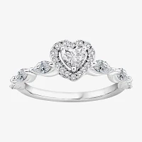 (F / Vs2) Womens 1 CT. T.W. Lab Grown White Diamond 10K White Gold Heart Side Stone Halo Engagement Ring