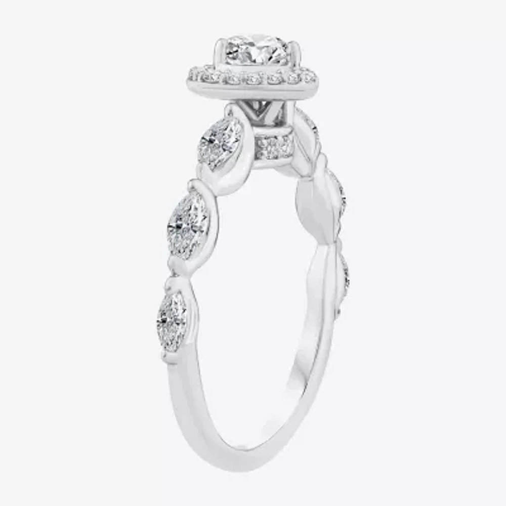 (F / Vs2) Womens 1 CT. T.W. Lab Grown White Diamond 10K White Gold Heart Side Stone Halo Engagement Ring