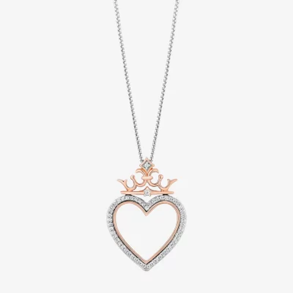 Enchanted Disney Fine Jewelry Womens 1/8 CT. T.W. Natural White Diamond 14K Rose Gold Over Silver Sterling Silver Crown Heart Princess Pendant Necklace