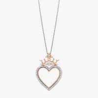 Enchanted Disney Fine Jewelry Womens 1/8 CT. T.W. Natural White Diamond 14K Rose Gold Over Silver Sterling Silver Crown Heart Princess Pendant Necklace