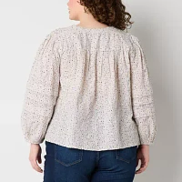 a.n.a Womens Plus Split Crew Neck Long Sleeve Blouse