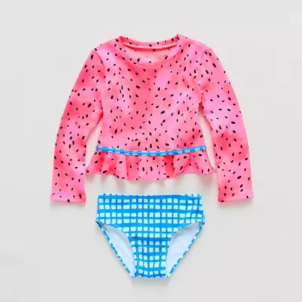 Okie Dokie Toddler & Little Girls Textured Gingham Rash Guard Set
