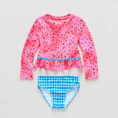 Okie Dokie Toddler & Little Girls Textured Gingham Rash Guard Set
