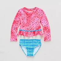 Okie Dokie Toddler & Little Girls Textured Gingham Rash Guard Set