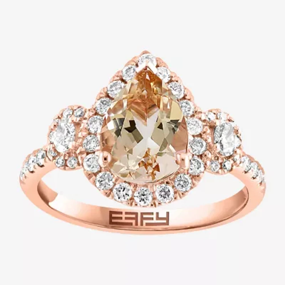 Effy Final Call Womens Genuine Pink Morganite & 1/4 CT. T.W. Natural Diamond 14K Rose Gold Pear Halo Side Stone Cocktail Ring