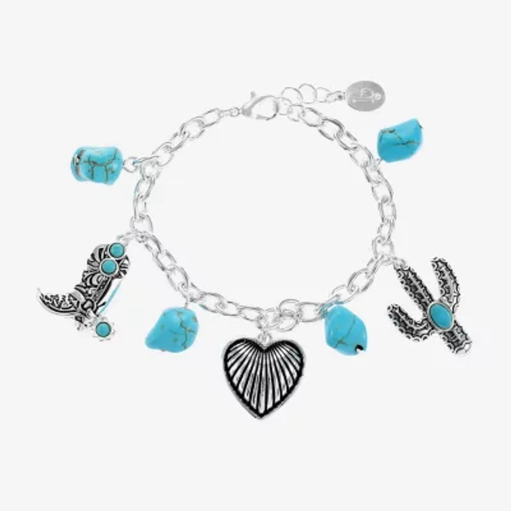 Bijoux Bar Silver Tone Western 7 Inch Curb Heart Charm Bracelet