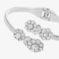 Monet Jewelry Silver Tone Glass Simulated Pearl Silver Tone Flower Bangle Bracelet