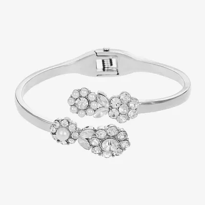 Monet Jewelry Silver Tone Glass Simulated Pearl Silver Tone Flower Bangle Bracelet