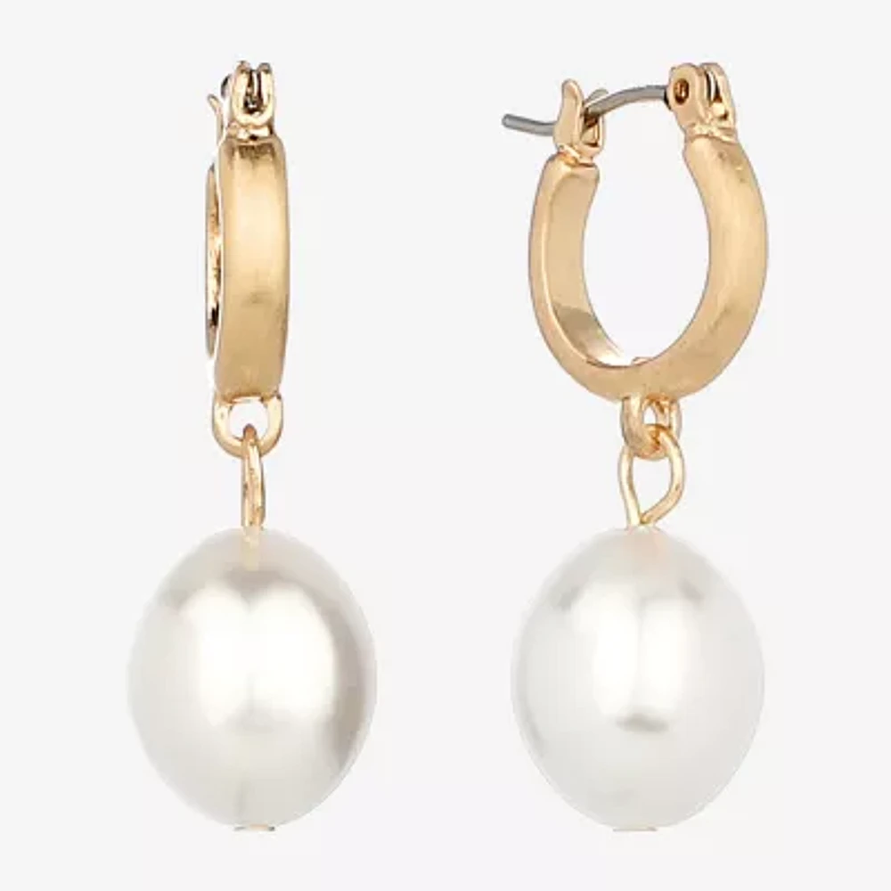 Monet Jewelry Gold Tone Drop Simulated Pearl Oval Hoop Earrings