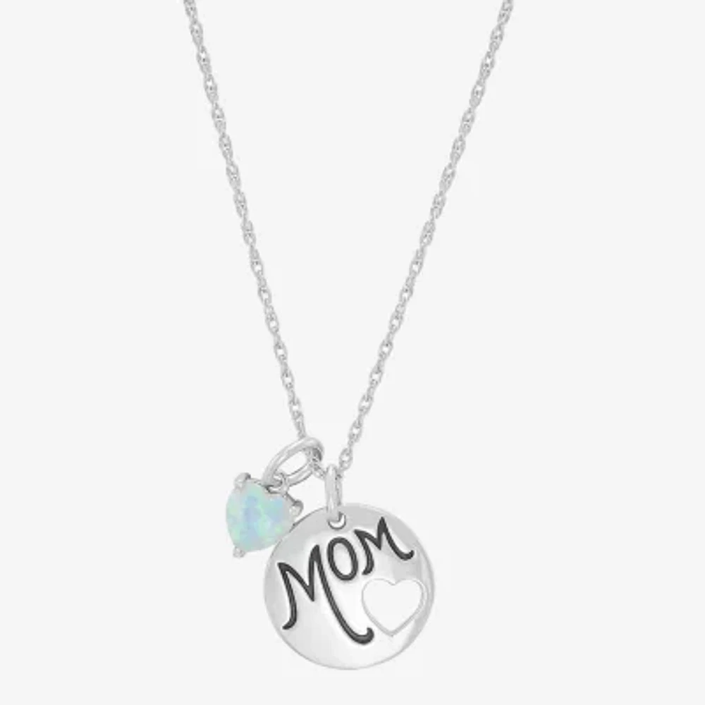 "Mom" Womens Lab Created White Opal Sterling Silver Heart Round Pendant Necklaces