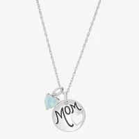 "Mom" Womens Lab Created White Opal Sterling Silver Heart Round Pendant Necklaces