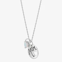 "Mom" Womens Lab Created White Opal Sterling Silver Heart Round Pendant Necklaces