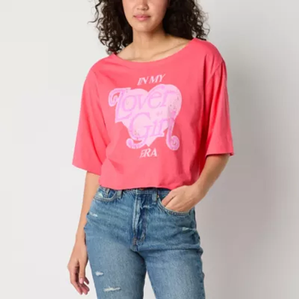 Juniors My Lover Girl Era Relaxed Off The Shoulder Cropped Tee Womens Short Sleeve Graphic T-Shirt