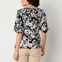 Liz Claiborne Womens Keyhole Neck Short Sleeve Satin Blouse