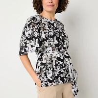 Liz Claiborne Womens Keyhole Neck Short Sleeve Satin Blouse