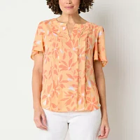 Liz Claiborne Womens Split Crew Neck Short Sleeve Satin Blouse