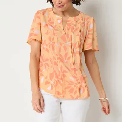 Liz Claiborne Womens Split Crew Neck Short Sleeve Blouse