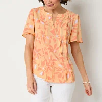 Liz Claiborne Womens Split Crew Neck Short Sleeve Satin Blouse