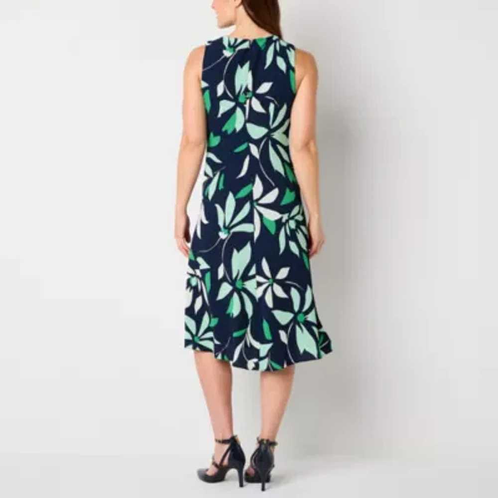 Liz Claiborne Womens Sleeveless Floral Midi A-Line Dress