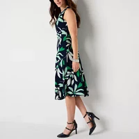 Liz Claiborne Womens Sleeveless Floral Midi A-Line Dress