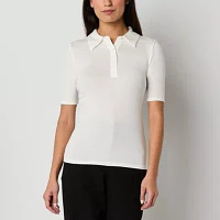 Worthington Womens Y Neck Short Sleeve Polo Shirt
