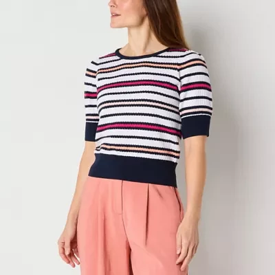 Liz Claiborne Womens Crew Neck Elbow Sleeve Striped Pullover Sweater