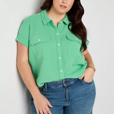 a.n.a Plus Womens Short Sleeve Regular Fit Button-Down Shirt