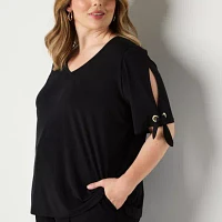 Liz Claiborne Plus Womens V Neck Short Sleeve Blouse