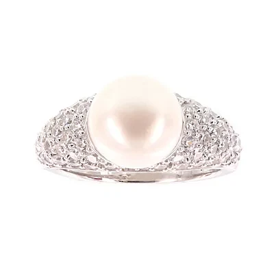 DiamonArt® Cultured Freshwater Pearl and Cubic Zirconia Sterling Silver Ring