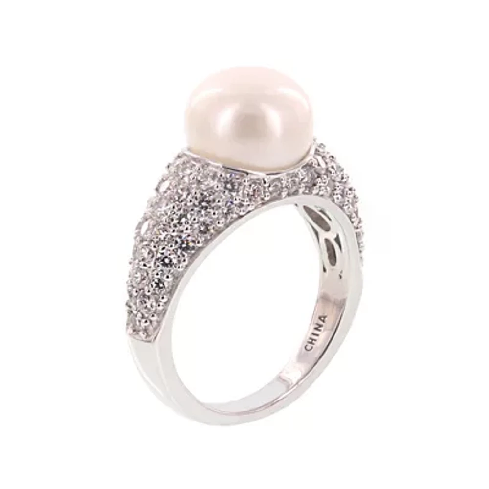 Diamonart® Cultured Freshwater Pearl and Cubic Zirconia Sterling Silver Ring