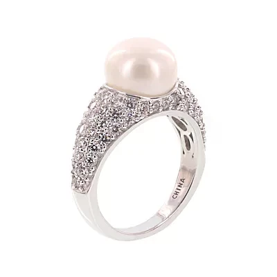 Diamonart® Cultured Freshwater Pearl and Cubic Zirconia Sterling Silver Ring