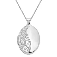 Floral Womens 14K White Gold Oval Locket Necklace