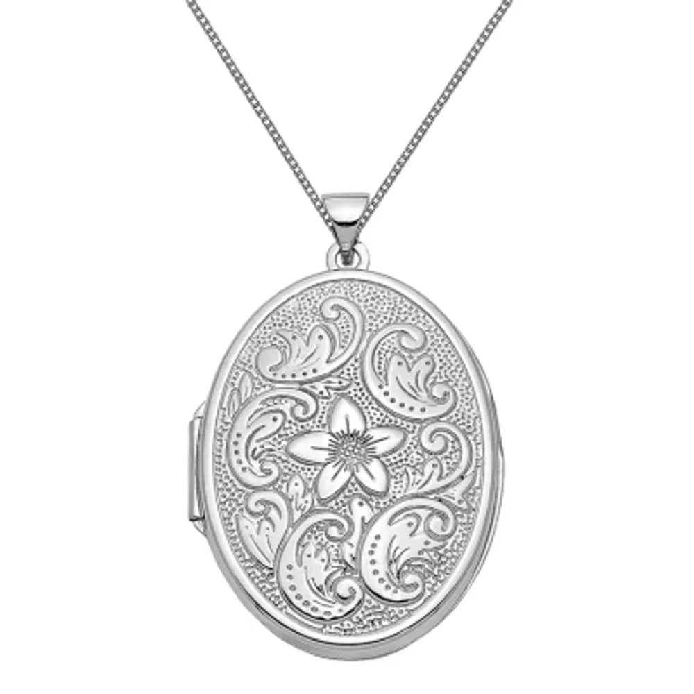 Floral Womens 14K White Gold Oval Locket Necklace