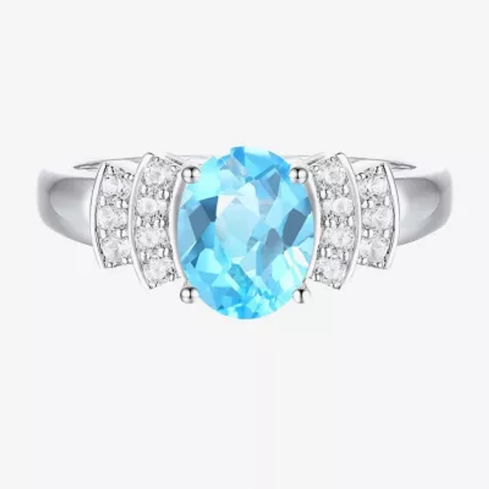 Womens Genuine Blue Topaz Sterling Silver Side Stone Cocktail Ring