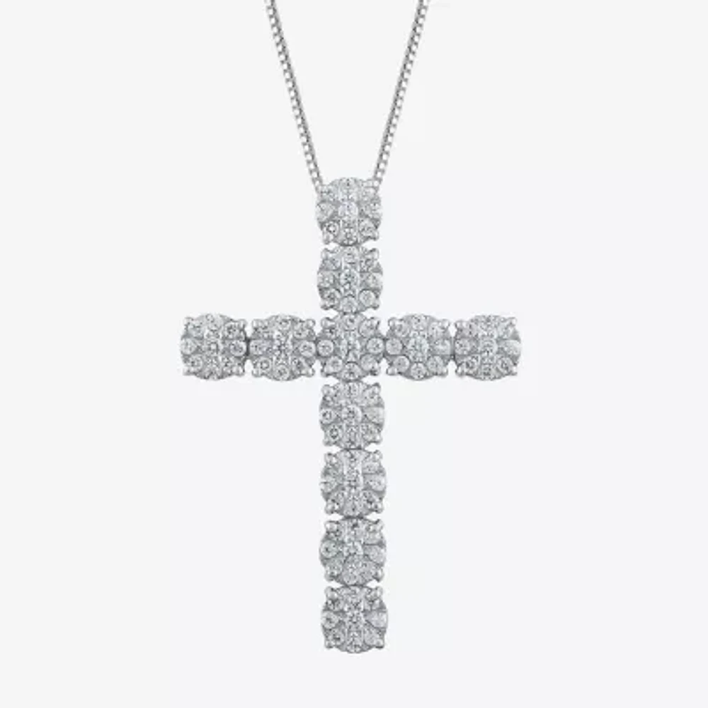 Diamond Blossom (H-I / I1) Womens 1 CT. T.W. Lab Grown White Diamond 10K White Gold Cross Pendant Necklaces