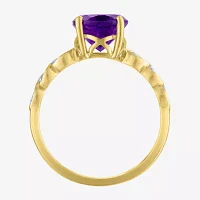 Womens Diamond Accent Genuine Purple Amethyst 10K Gold Oval Side Stone Cocktail Ring