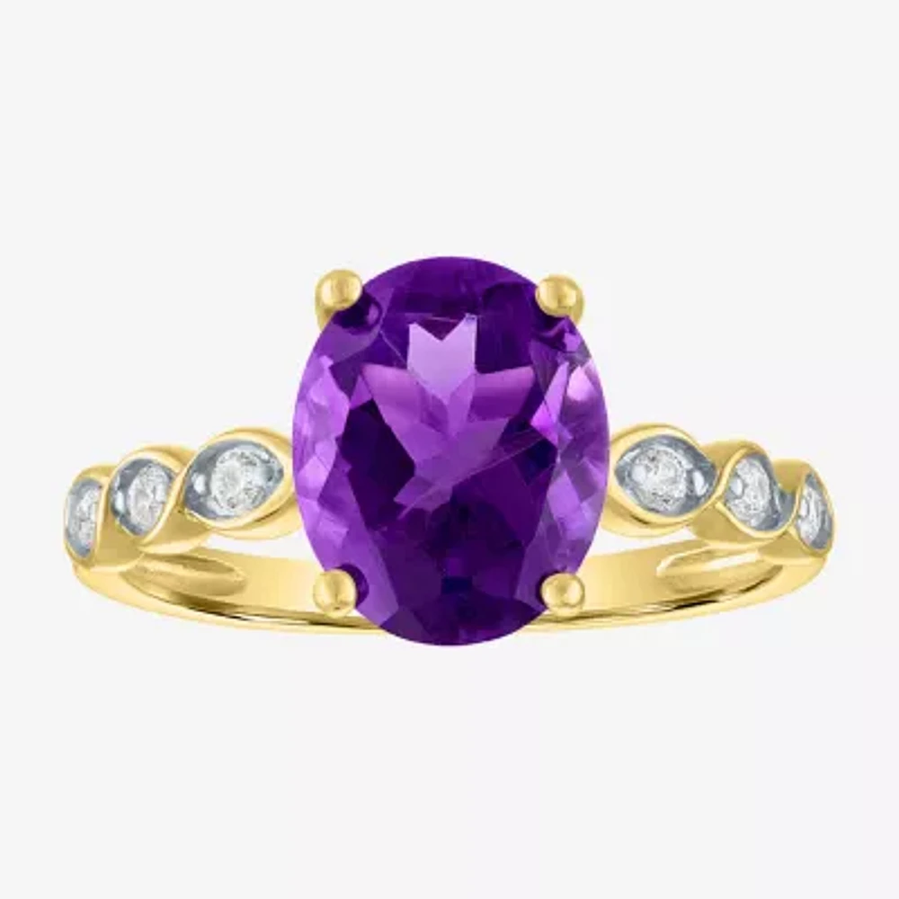 Womens Diamond Accent Genuine Purple Amethyst 10K Gold Oval Side Stone Cocktail Ring