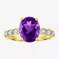 Womens Diamond Accent Genuine Purple Amethyst 10K Gold Oval Side Stone Cocktail Ring