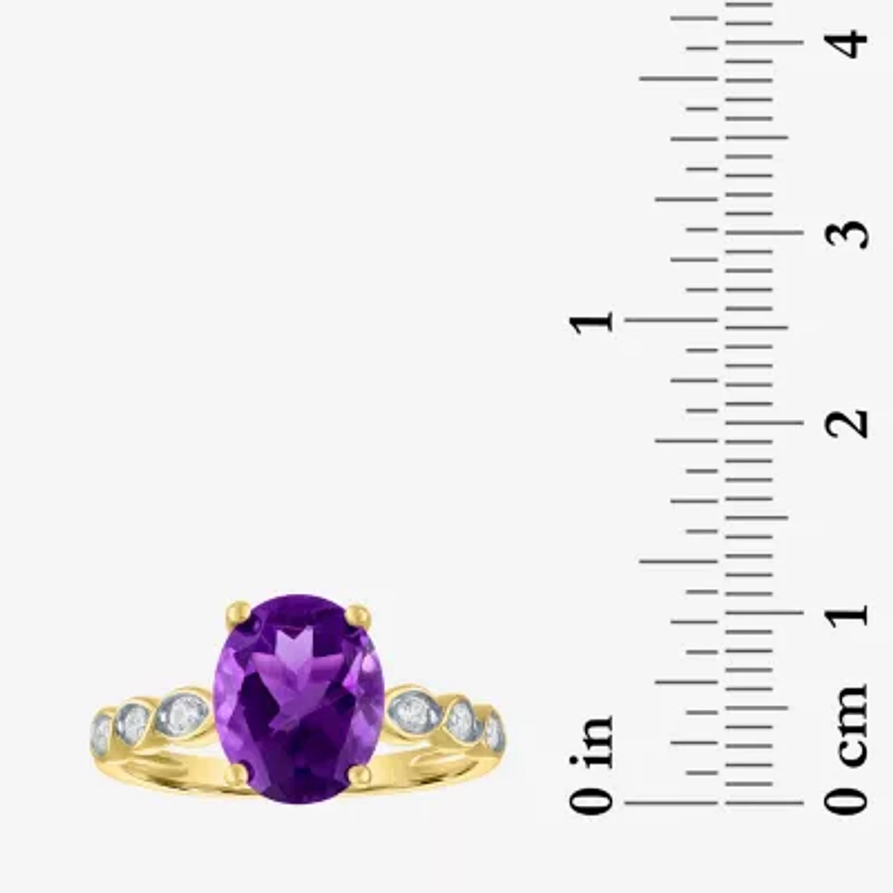 Womens Diamond Accent Genuine Purple Amethyst 10K Gold Oval Side Stone Cocktail Ring