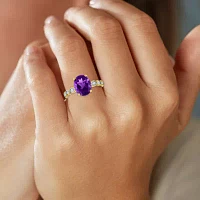 Womens Diamond Accent Genuine Purple Amethyst 10K Gold Oval Side Stone Cocktail Ring