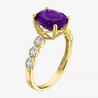 Womens Diamond Accent Genuine Purple Amethyst 10K Gold Oval Side Stone Cocktail Ring