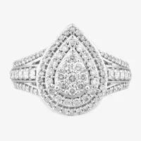 Diamond Blossom Womens 1 CT. T.W. Mined White Diamond 10K White Gold Pear Halo Cocktail Ring