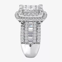 Womens 3 CT. T.W. Natural White Diamond 10K White Gold Cushion Side Stone Halo Engagement Ring