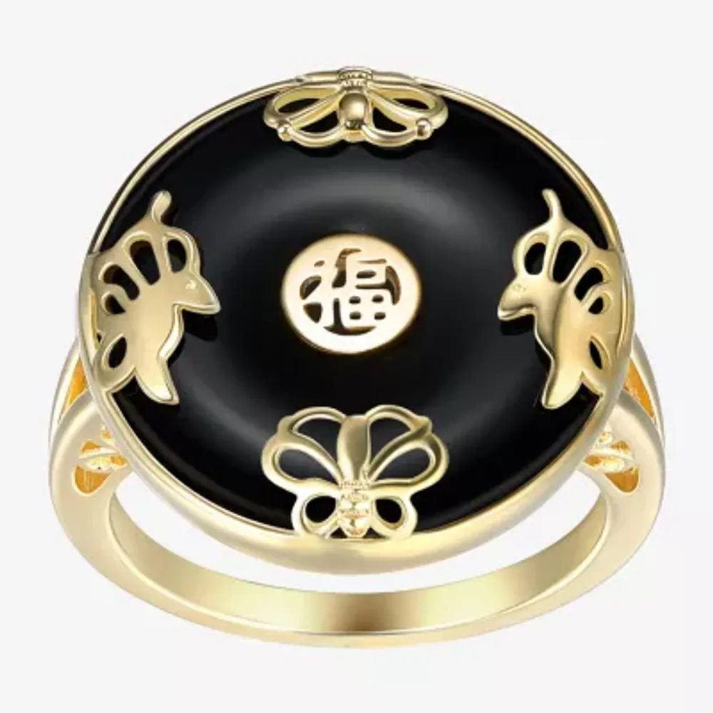 Womens Genuine Black Agate 18K Gold Over Silver Cocktail Ring