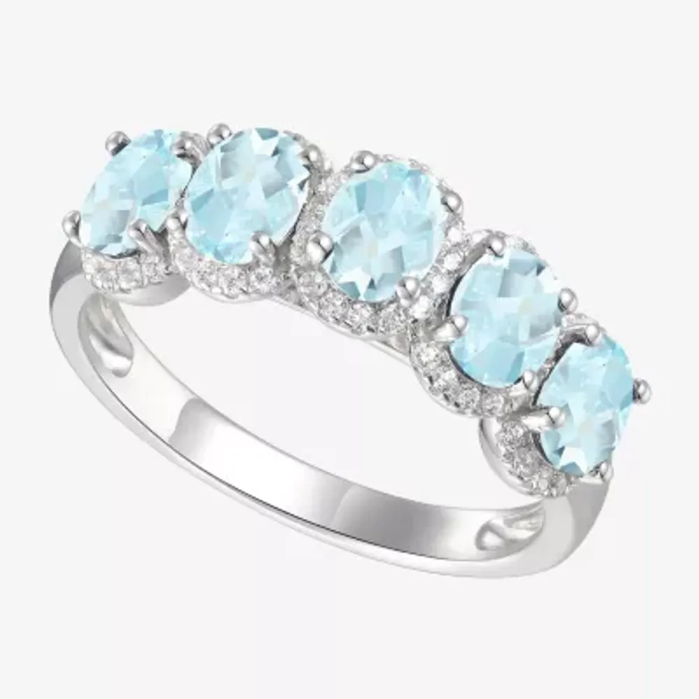 Genuine Blue Aquamarine Sterling Silver 5-Stone Band